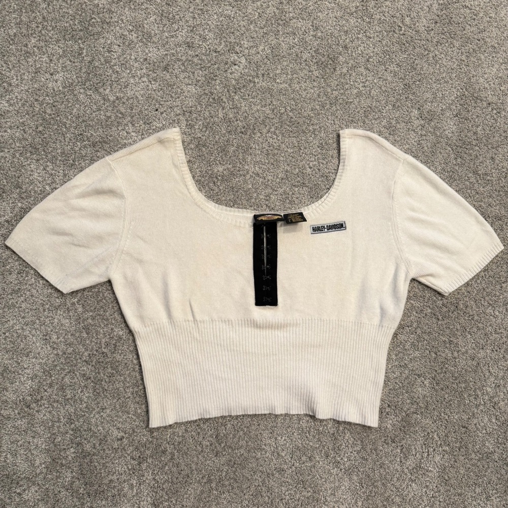 Y2K 2000s Harley-Davidson Knit Hook and Eye Crop Top XL Short Sleeve Scoop Neck